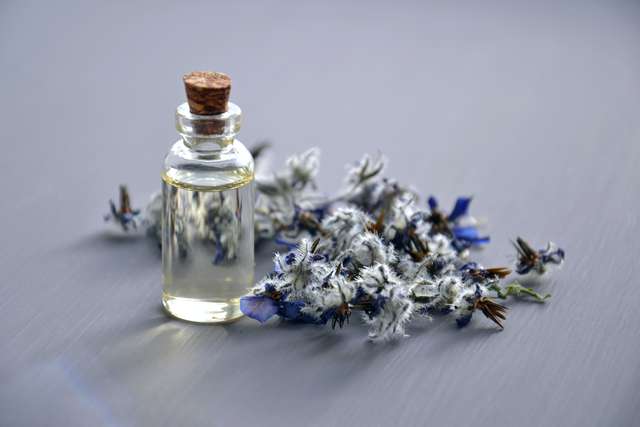 Selective Focus Photo Of The Bottle With Cork Lid Flowers with small glass bottle. Inside is an aromatic oil.