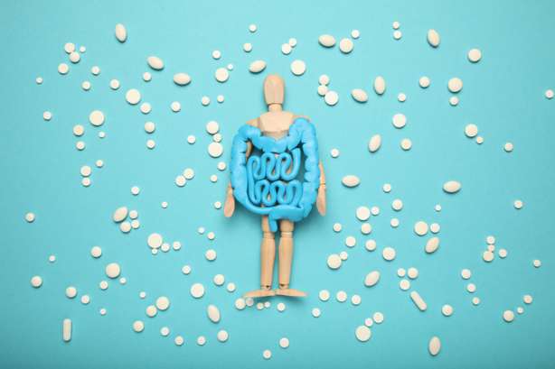 Un tractus intestinal sain sur une figure humaine avec des médicaments probiotiques. Un intestin sain dans les mains de la figure humaine. problèmes digestifs, coliques, dysbactériose. Médecine digestive, probiotiques.