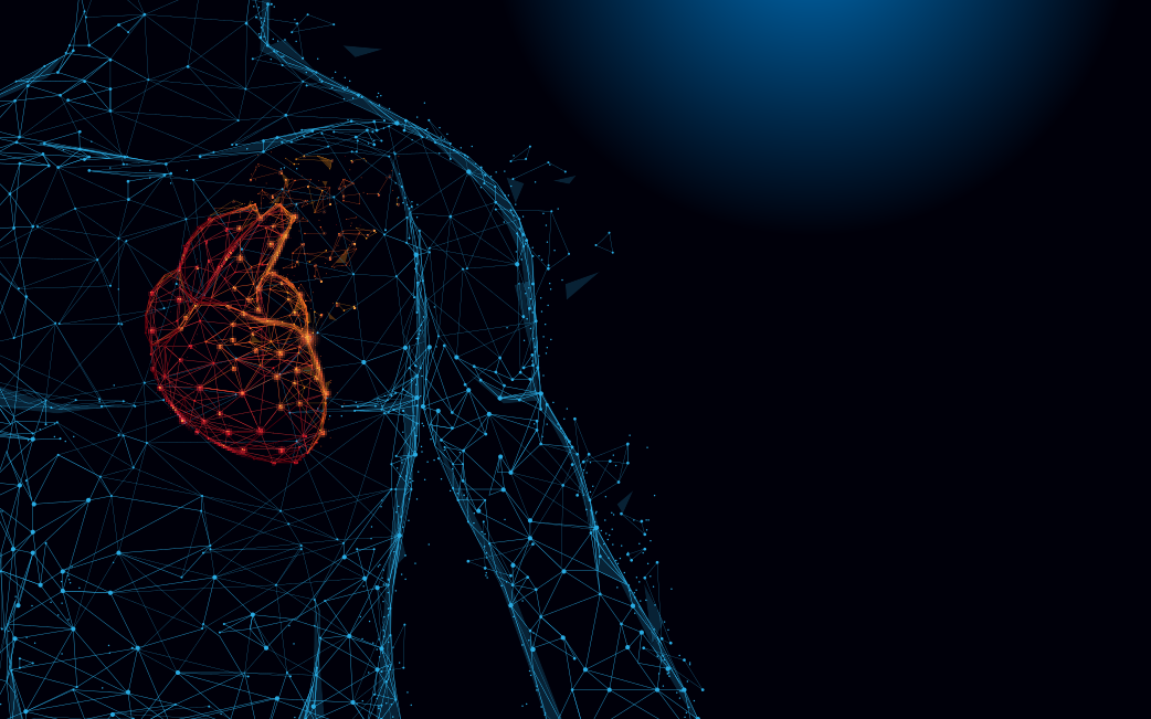 A anatomia do coração humano forma linhas e triângulos, malha de conexão de pontos sobre fundo azul. Ilustração vetorial